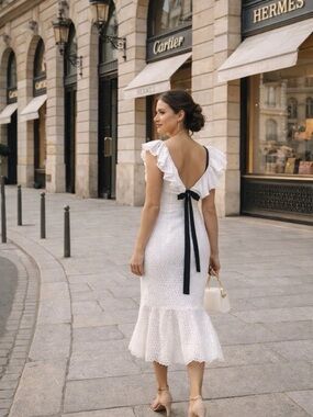 SALONI White Eyelet Ruffle Scoop Midi Dress